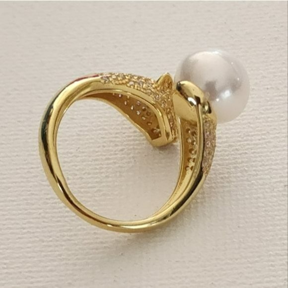 925S Genuine 10 mm Freshwater Pearl Adjustable Gold Ring With Leopard Design - Picture 9 of 16